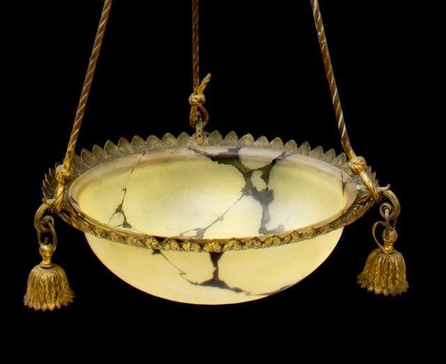 Appraisal: Italian marbleized art glass three-light chandelier th c having center