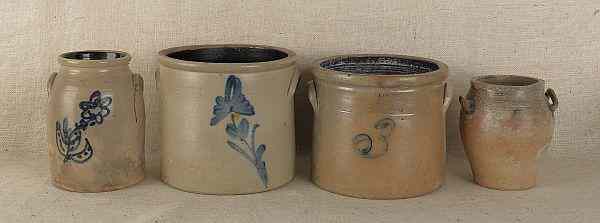 Appraisal: Four cobalt decorated stoneware crocks th c tallest -