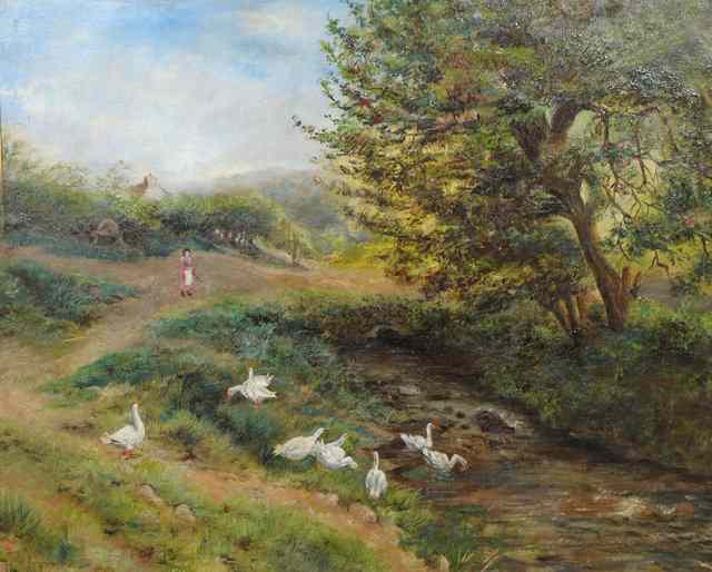 Appraisal: TH TH CENTURY ENGLISH SCHOOLGeese by a stream oil on