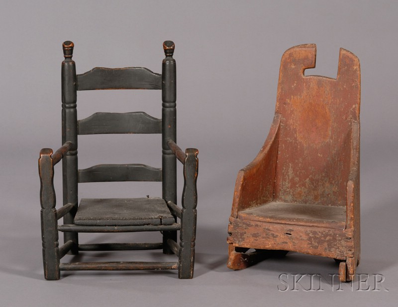 Appraisal: Early Child's Black-painted Slat-back Armchair and a Small Red-painted Child's