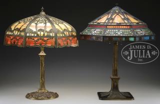 Appraisal: TWO UNSIGNED METAL OVERLAY SLAG GLASS TABLE LAMPS Octagonal shade