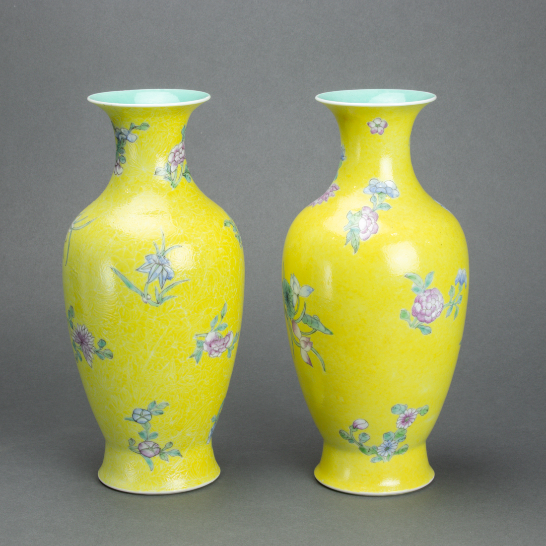 Appraisal: PAIR OF CHINESE FAMILLE ROSE YELLOW-GROUND VASES Pair of Chinese