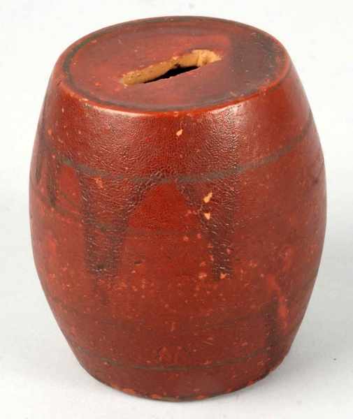 Appraisal: Early Redware Pottery Barrel-Shaped Still Bank Description Circa A few