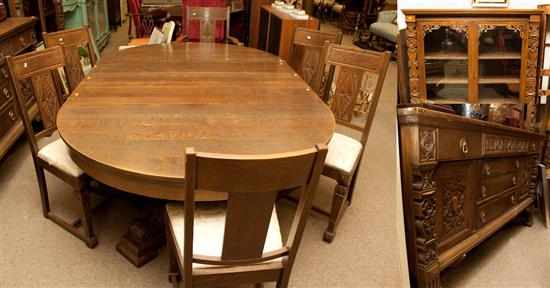 Appraisal: Tudor Revival oak -piece dining room suite mirrored back sideboard