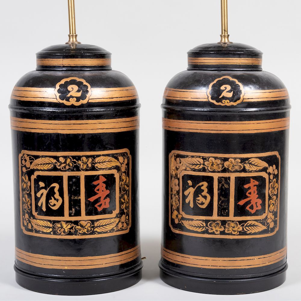 Appraisal: Pair of Black Painted Tea Canister and Covers Mounted as