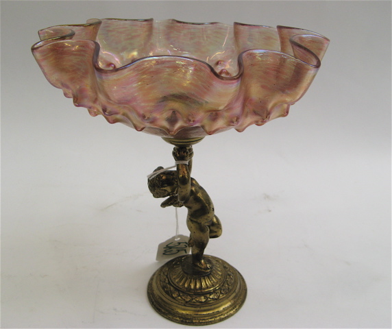 Appraisal: PAIRPOINT GILT METAL ART GLASS COMPOTE depicting a putti on