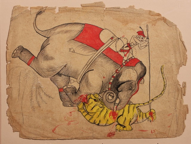 Appraisal: AN INDIAN DRAWING FRAGMENT PAINTED WITH AN ELEPHANT TRAMPLING A