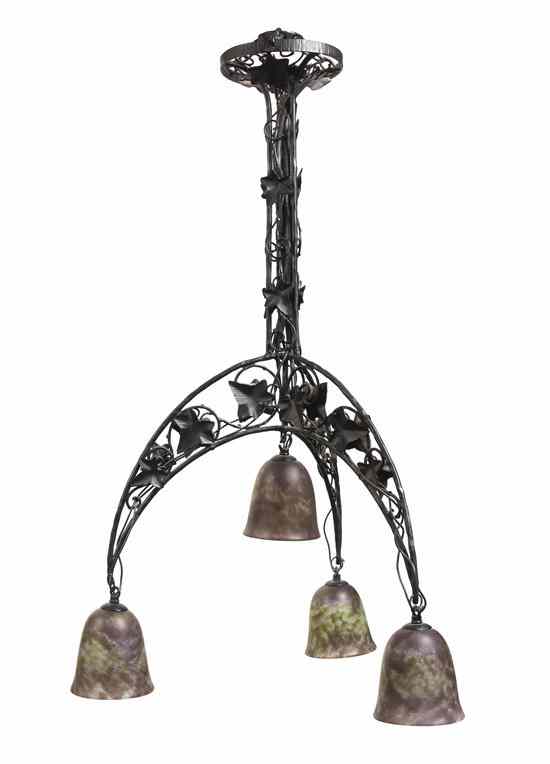 Appraisal: An Art Deco Style Iron Four-Light Chandelier the vine decorated