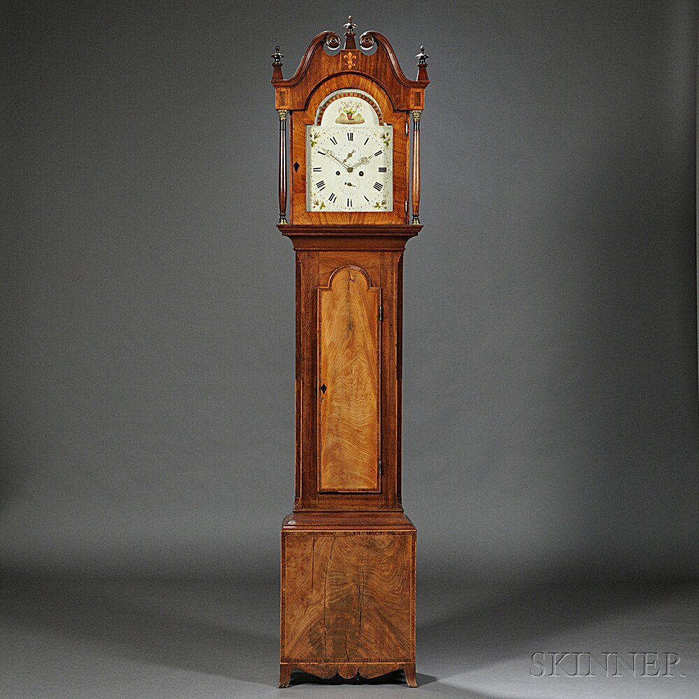 Appraisal: Highly Figured Mahogany Veneer Tall Clock England c the scroll-top