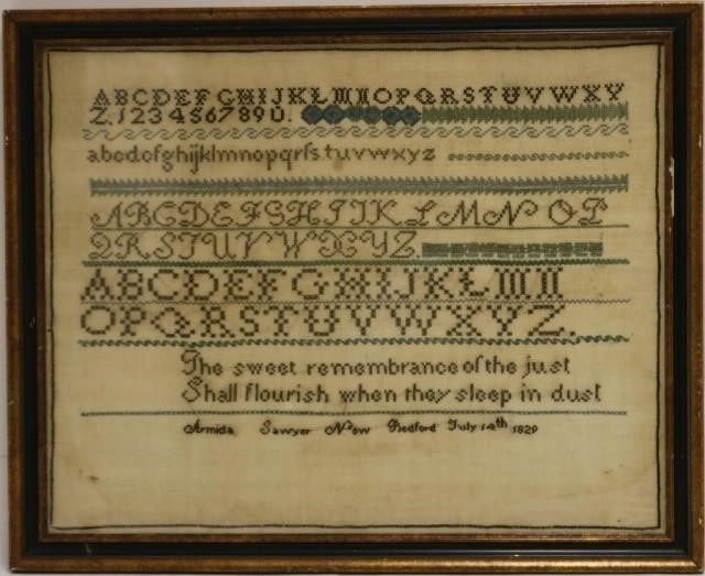 Appraisal: AMERICAN NEEDLEWORK SCHOOLGIRL SAMPLER ON LINENWITH ALPHABETS AND MOTTO ARMIDA