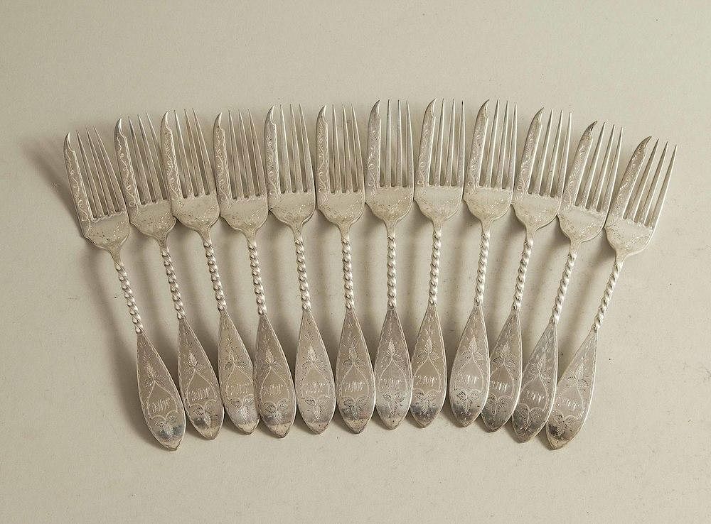 Appraisal: Twelve Silver Forks Bailey Co Twelve silver twist handle fish