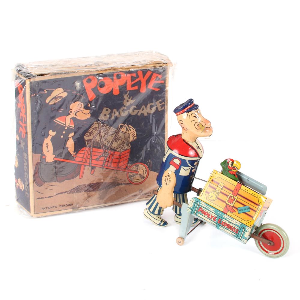 Appraisal: POPEYE EXPRESS BAGGAGE CART MARX TIN LITHO WITH BOX Popeye