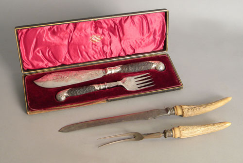 Appraisal: Pistol grip silver plate fish set together with a carving