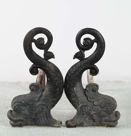 Appraisal: PAIR OF CAST DOLPHIN SHAPED ANDIRONS Numbered SIZE h CONDITION