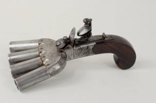 Appraisal: Engraved Flintlock Duckfoot Volley Pistol Rare English flintlock four barrel