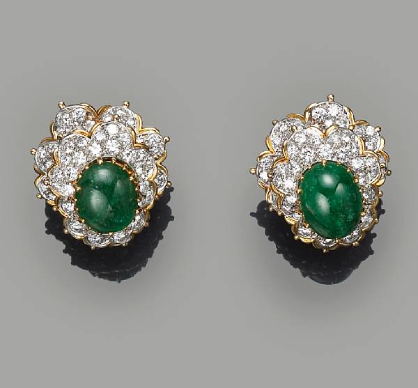 Appraisal: A pair of emerald and diamond earclips estimated total emerald