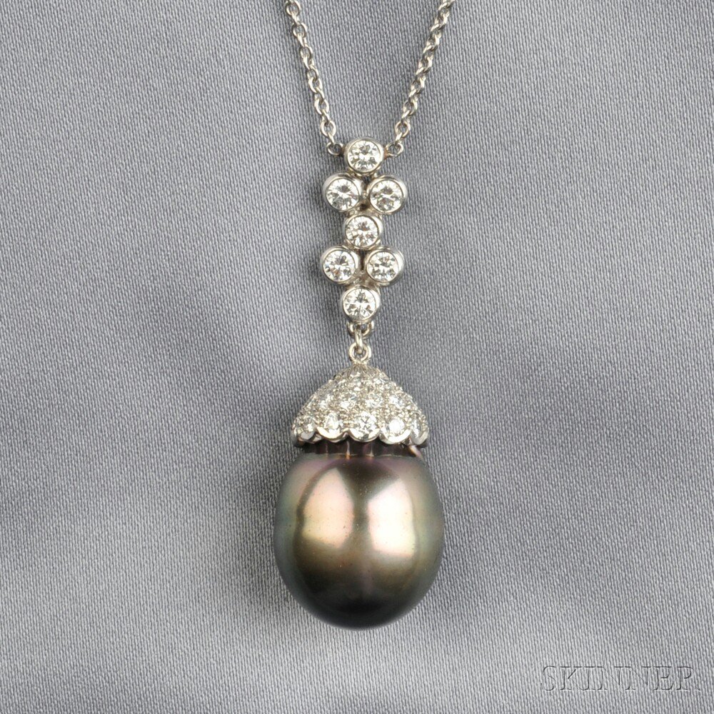 Appraisal: Platinum Tahitian Pearl and Diamond Pendant the tahitian pearl with