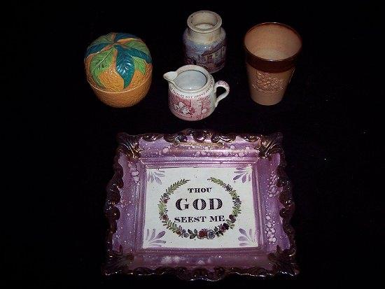 Appraisal: A pink lustre dish with inscription Thou God Seest Me