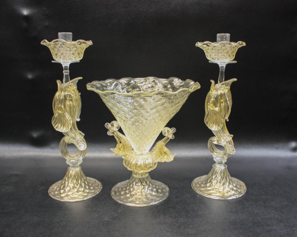 Appraisal: THREE PIECE VENETIAL GLASS GARNITURE SET comprised of the footed