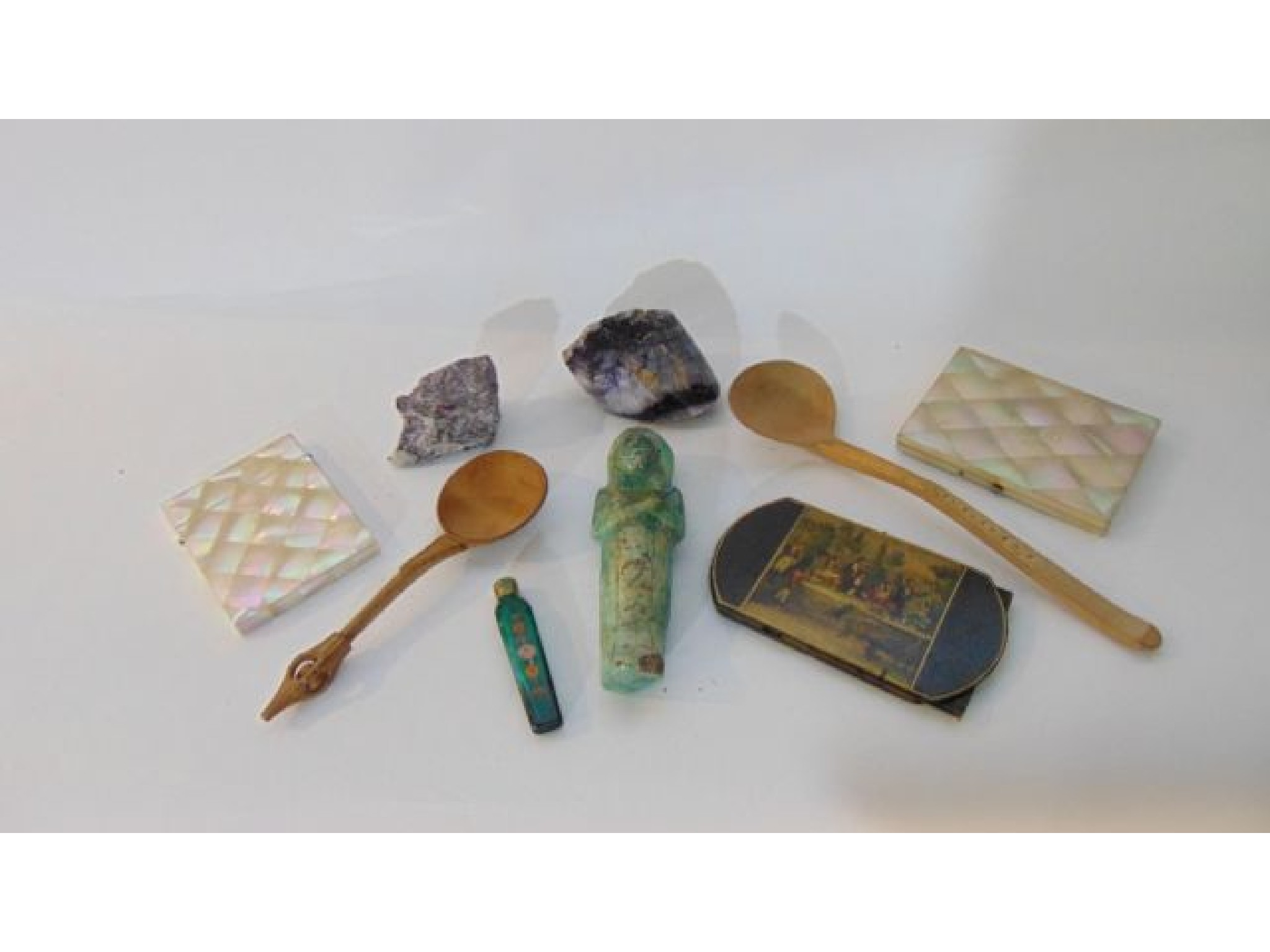 Appraisal: Two th century mother-of-pearl card cases two wooden Scandinavian spoons