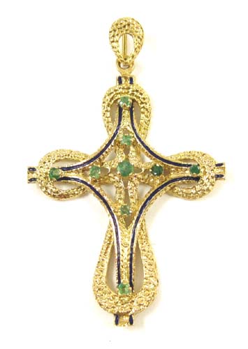 Appraisal: EMERALD AND EIGHTEEN KARAT GOLD CROSS PENDANT with blue enamel