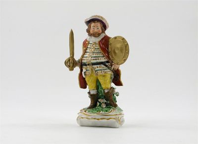 Appraisal: A Derby figure of Sir John Falstaff holding a shield