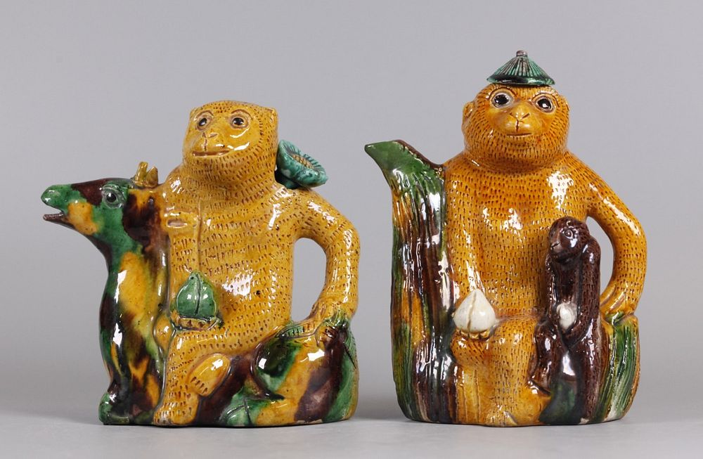 Appraisal: Chinese monkey form teapots possibly th c sancai glazed porcelain