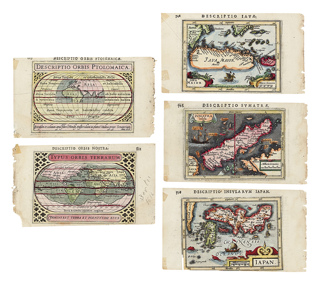 Appraisal: HONDIUS BERTIUS Five engraved miniature maps comprising two world maps