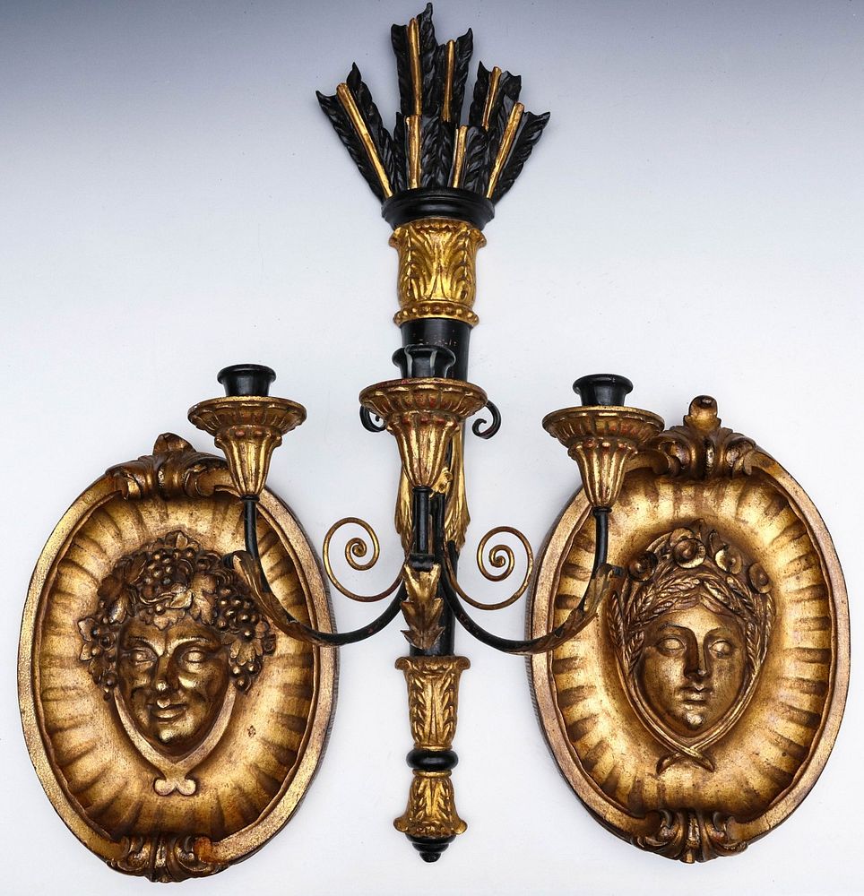 Appraisal: ITALIAN QUIVER SCONCE WITH BORGHESE BACCHANALIA PLAQUES The ebenoized and