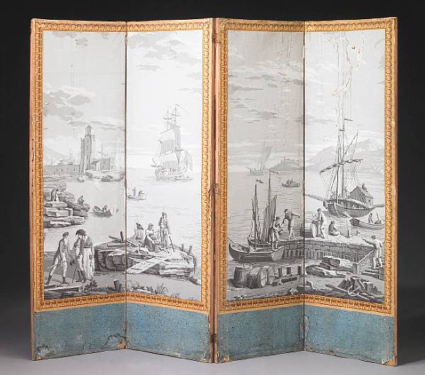 Appraisal: A Louis XVI papier peinte four fold floor screen fourth