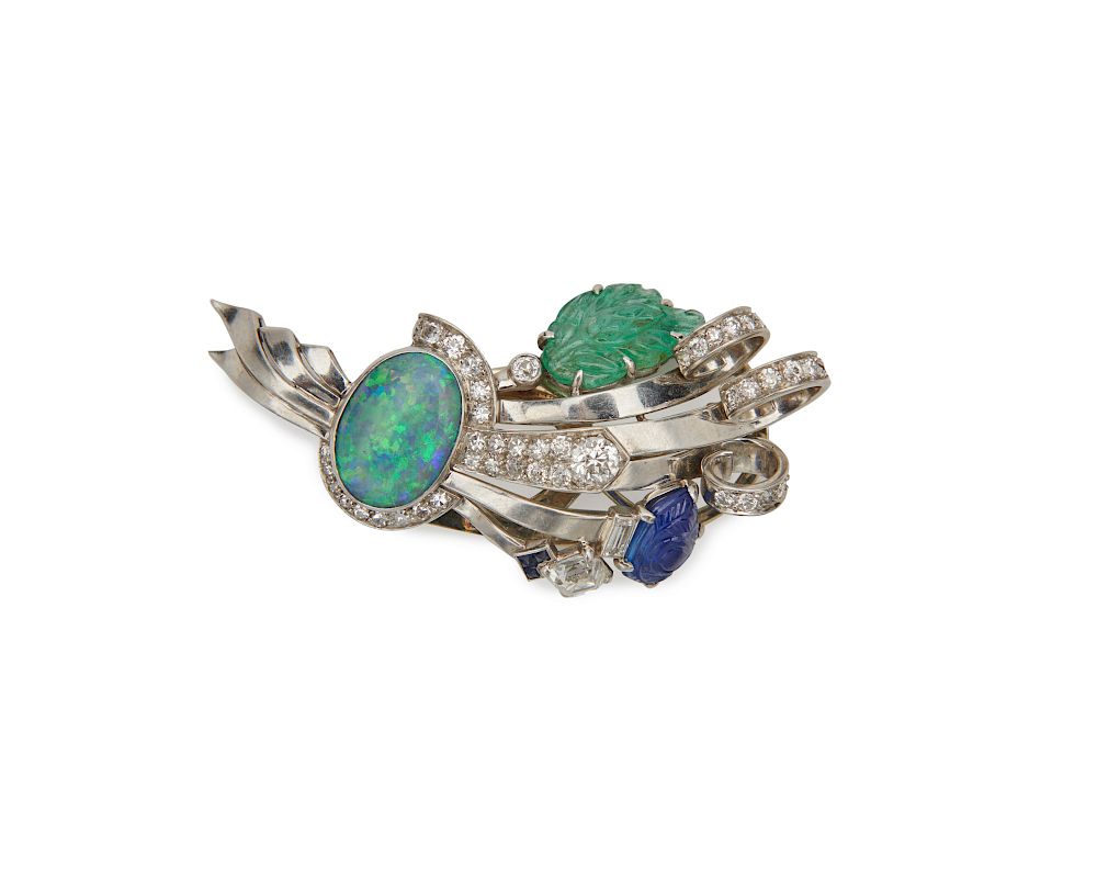 Appraisal: Platinum Diamond Opal Emerald and Sapphire Brooch Platinum Diamond Opal