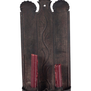 Appraisal: A Pressed and Incised Tin Two-Candle Sconce th Century Height