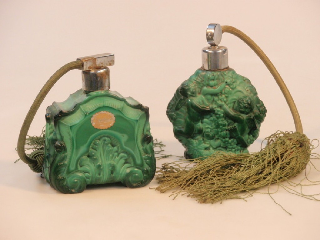 Appraisal: Two Malachite glass scent bottles cm and cm high