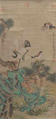 Appraisal: Hand Painted Scroll After Shen Quan Stork and two birds