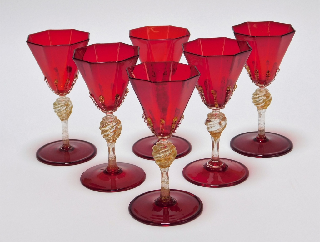 Appraisal: PC VENETIAN RED AVENTURINE WINE GLASSES Italy Early th CenturySet