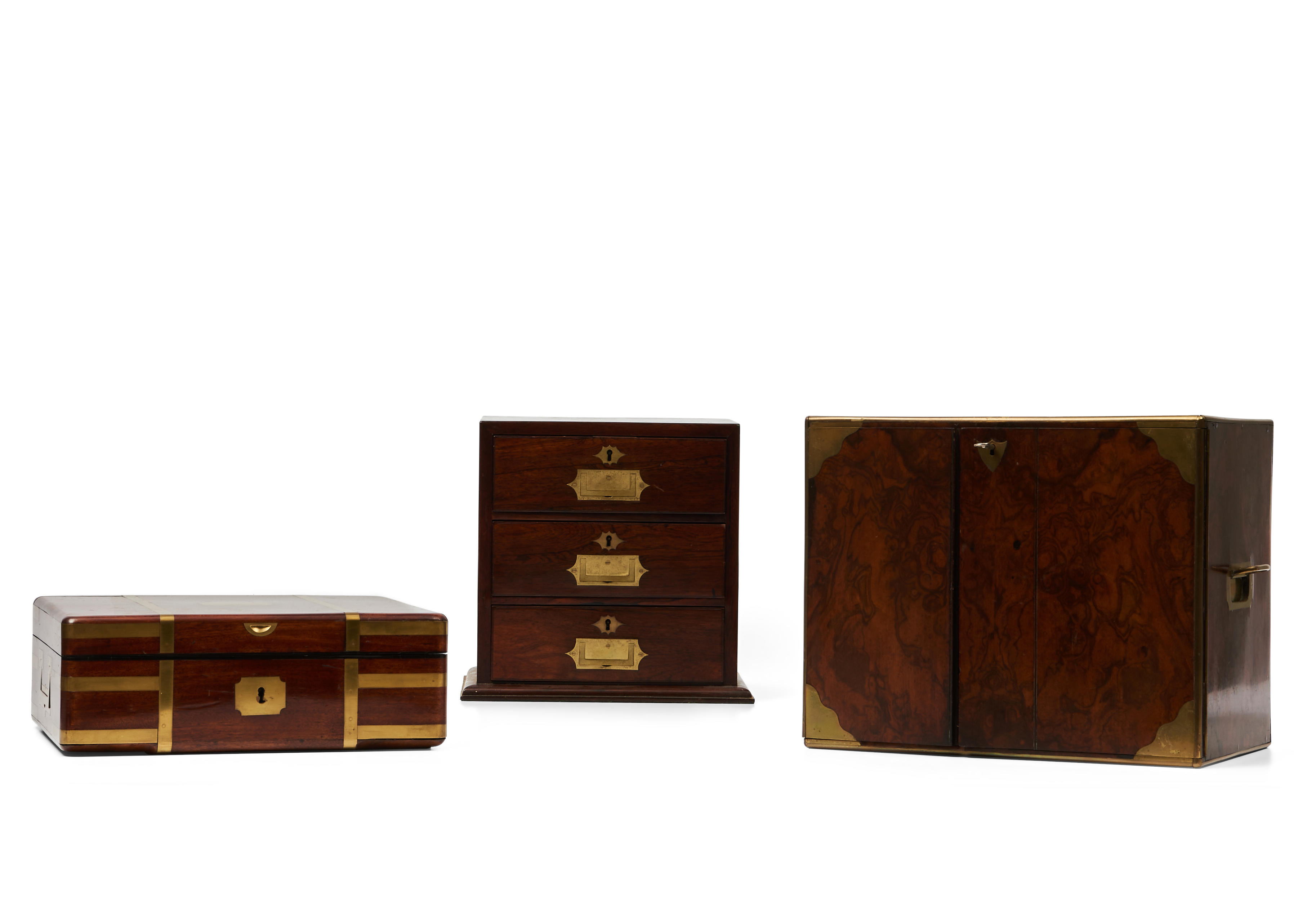 Appraisal: Three Brass Bound Wood Boxes one with two doors enclosing