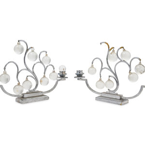 Appraisal: A Pair of Art Deco Silvered Metal and Glass Two-Light