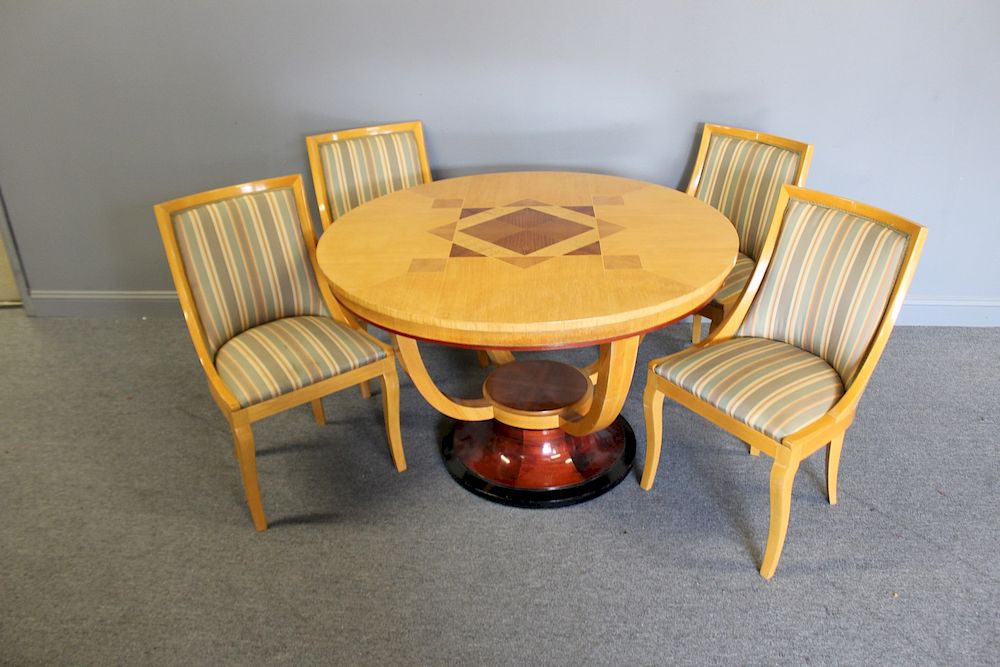 Appraisal: Art Deco Inlaid Table and Chairs Beautiful Blonde Table with