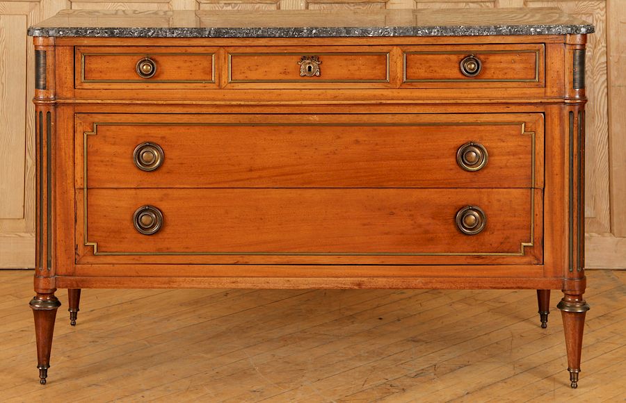 Appraisal: FRENCH LOUIS XVI STYLE MARBLE TOP COMMODE C A French