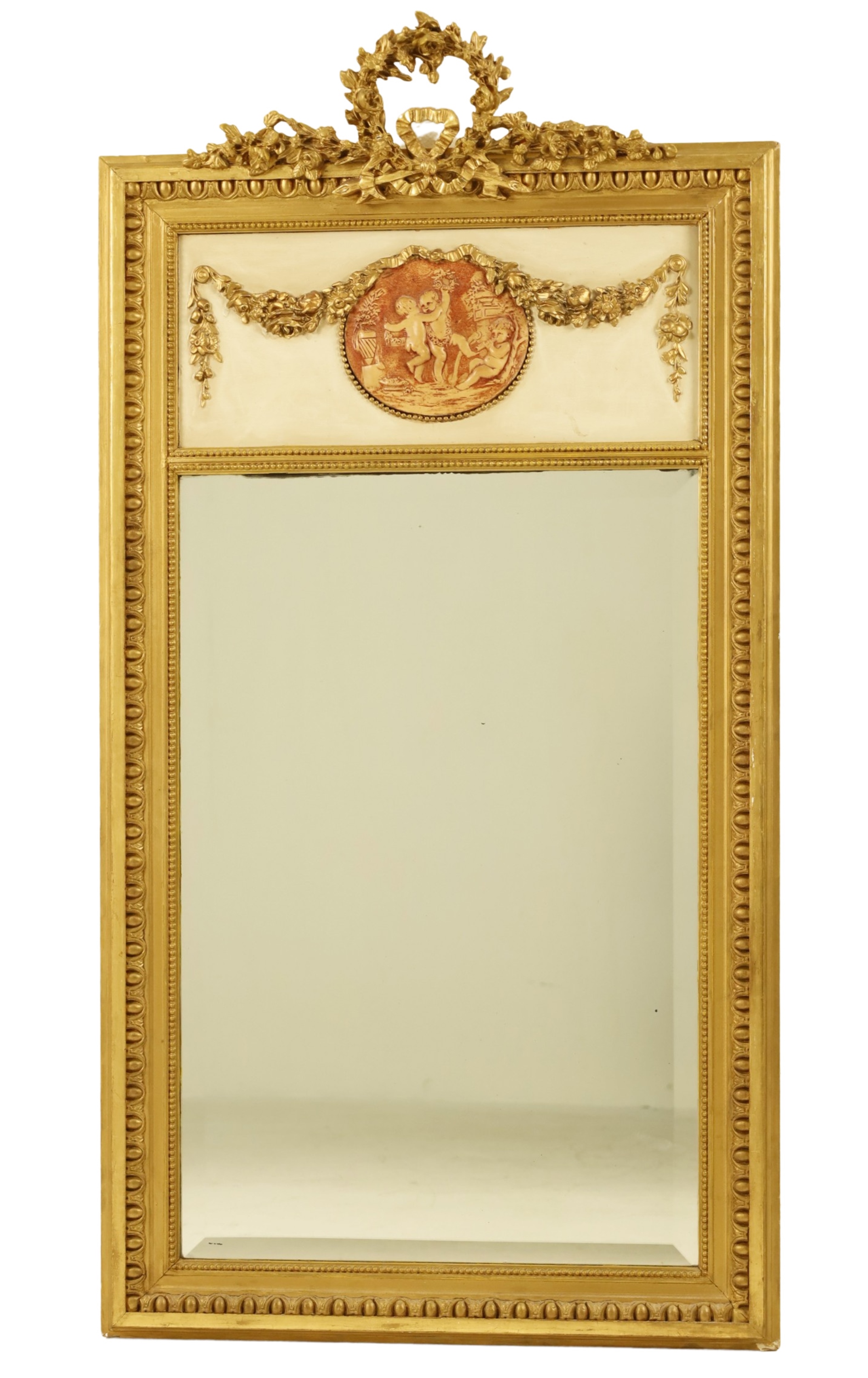 Appraisal: FRENCH CARVED GILTWOOD TRUMEAU BEVELED GLASS MIRROR French carved giltwood