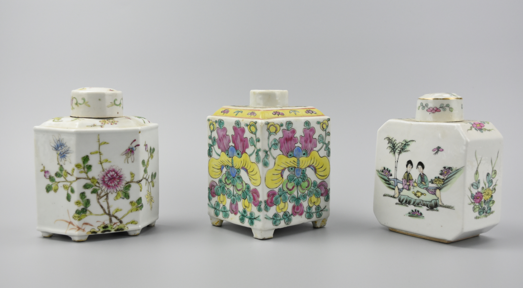 Appraisal: CHINESE FAMILLE ROSE TEA CADDY TH C in three different