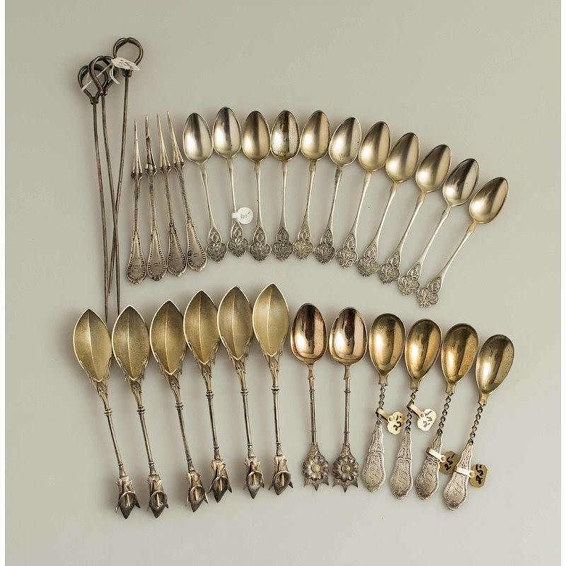 Appraisal: Assorted Silver Demitasse Spoons Picks Skewers Assembled lot comprising gilt