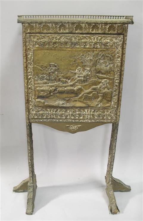 Appraisal: DUTCH EMBOSSED BRASS WRITING CABINET The pierced brass gallery over