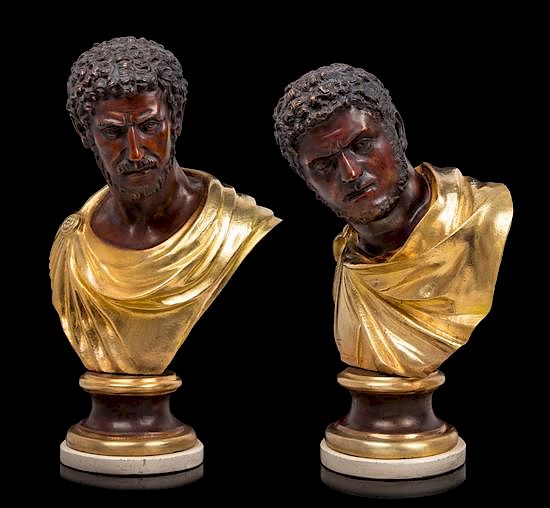 Appraisal: A Pair of Continental Bronze Busts of Roman Officials Height