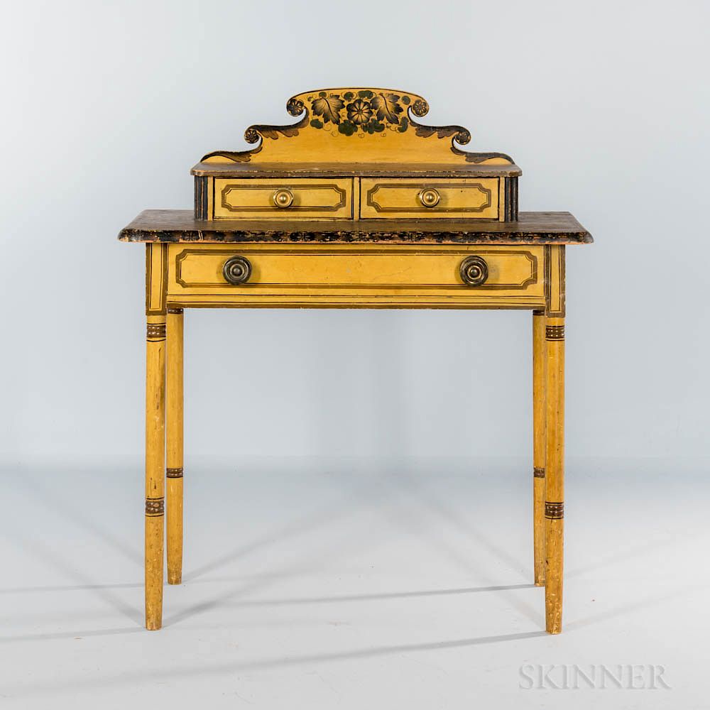 Appraisal: Diminutive Yellow-painted Putty-painted and Paint-decorated Dressing Table Diminutive Yellow-painted Putty-painted