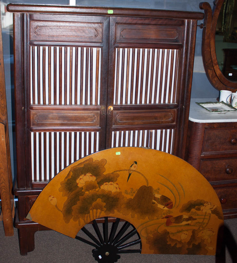 Appraisal: Oriental style entertainment center and wall fan