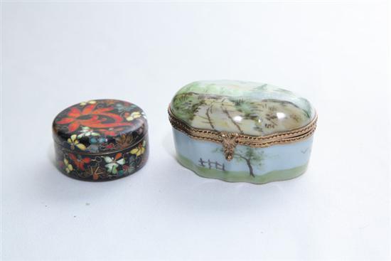 Appraisal: TWO PILL BOXES A circular black cloisonne type box with