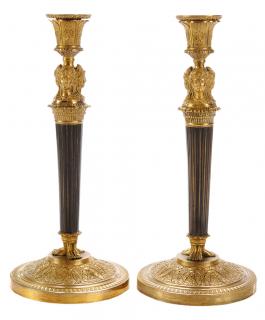 Appraisal: Pair French Empire Bronze Candlesticks French th century removable wax