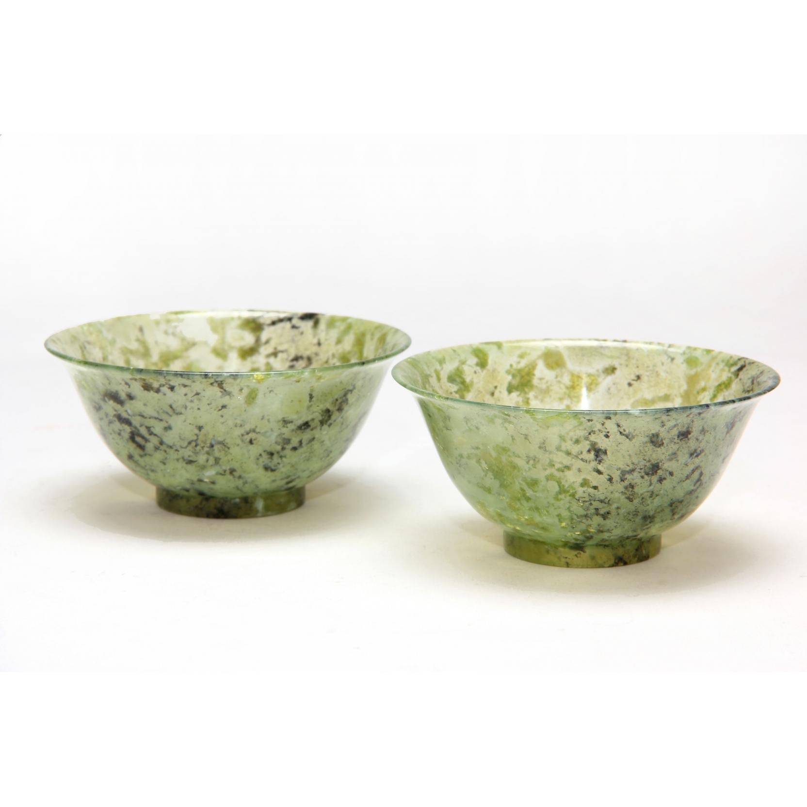 Appraisal: Two Fine Carved Spinach Jade Tea Bowls thin carved form