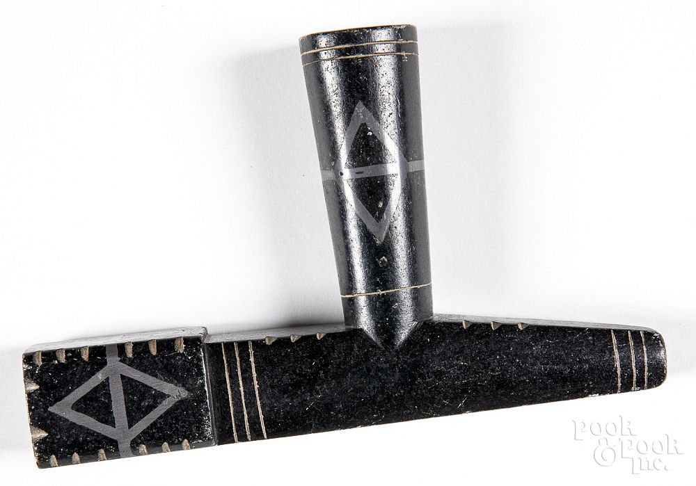 Appraisal: Antique blackstone pipe with pewter inlay Antique blackstone pipe with